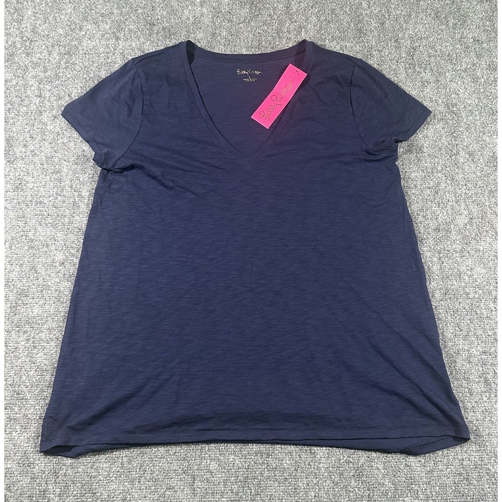 Lilly Pulitzer Women's L Navy Blue Etta Top V Neck Deep Cut Cotton NWT